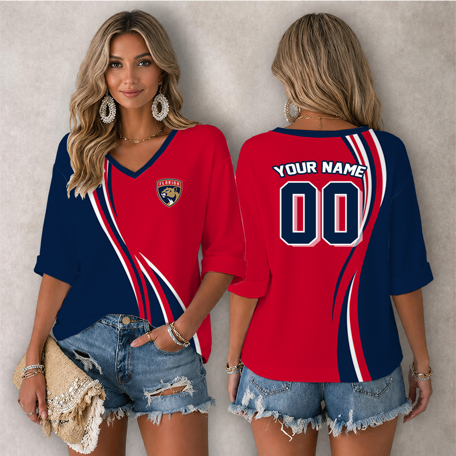 [SUPER SALE] NEW CUSTOMIZED NHL01 FPT FLORIDA PANTHERS WOMEN'S HEART V-NECK LONG SLEEVE SHIRT