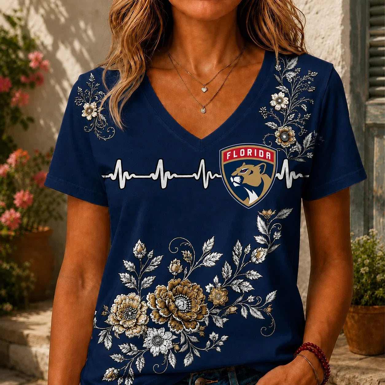 [SUPER SALE] NEW CUSTOMIZED NHL01 FPT FLORIDA PANTHERS V-NECK FEMALE SHIRT