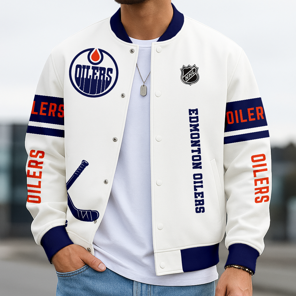 LIMITED EDITION - NEW CUSTOMIZED NHL03 EMO EDMONTON OILERS BASEBALL JACKET, SATIN VARSITY JACKET