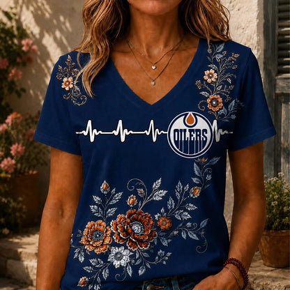 [SUPER SALE] NEW CUSTOMIZED NHL03 EMO EDMONTON OILERS V-NECK FEMALE SHIRT
