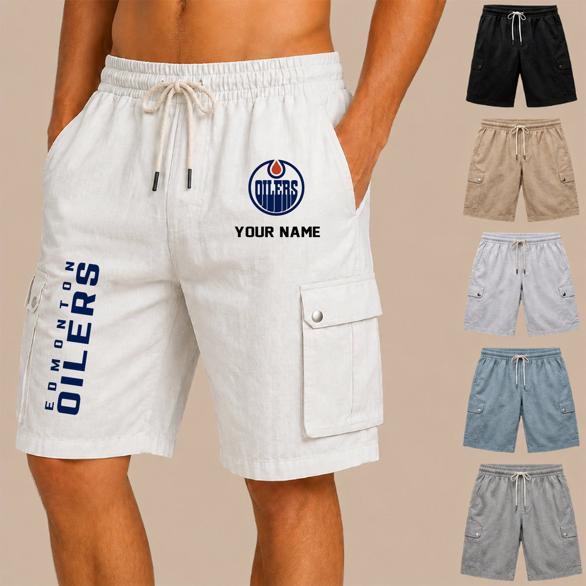 [SUPER SALE] NEW CUSTOMIZED NHL03 EMO EDMONTON OILERS MEN'S DRAWSTRING CARGO SHORTS