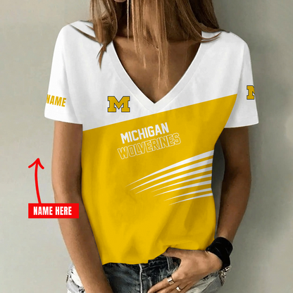 [FAN FAVORITE] NEW CUSTOMIZED NCAA MFF04 MIW MICHIGAN WOLVERINES V-NECK FEMALE SHIRT