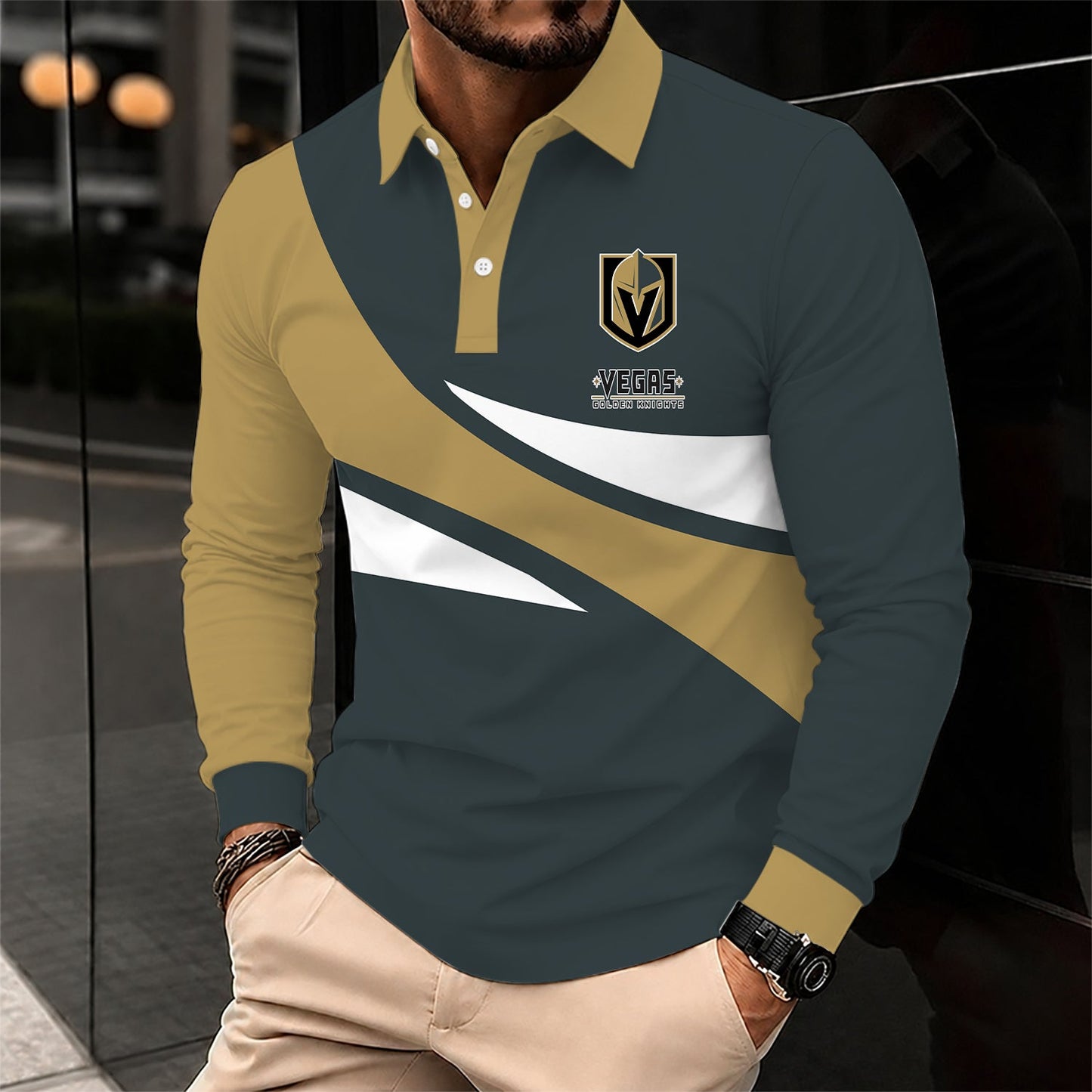[SUPER SALE] NEW CUSTOMIZED NHL04 VGK VEGAS GOLDEN KNIGHTS MEN LONG SLEEVE POLO