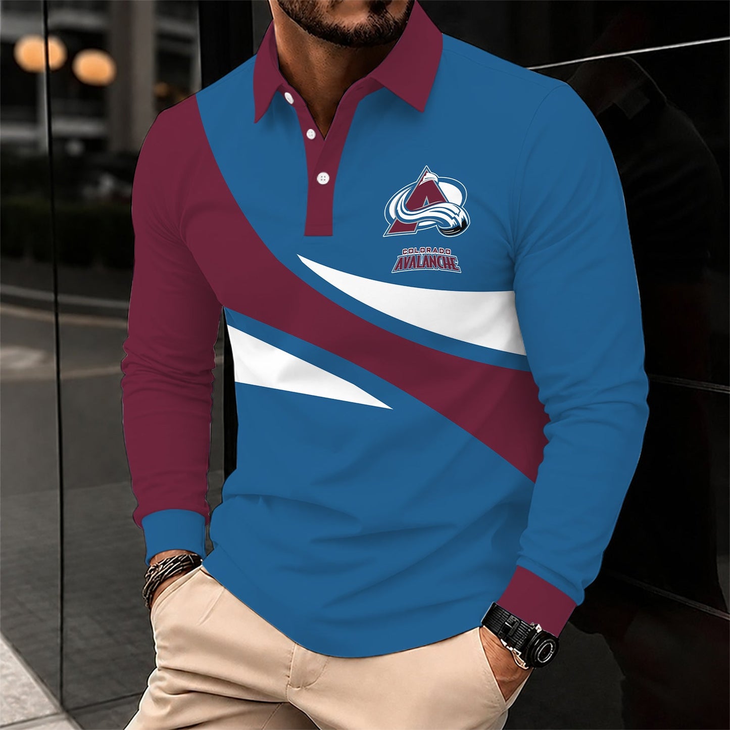 [SUPER SALE] NEW CUSTOMIZED NHL05 CAL COLORADO AVALANCHE MEN LONG SLEEVE POLO