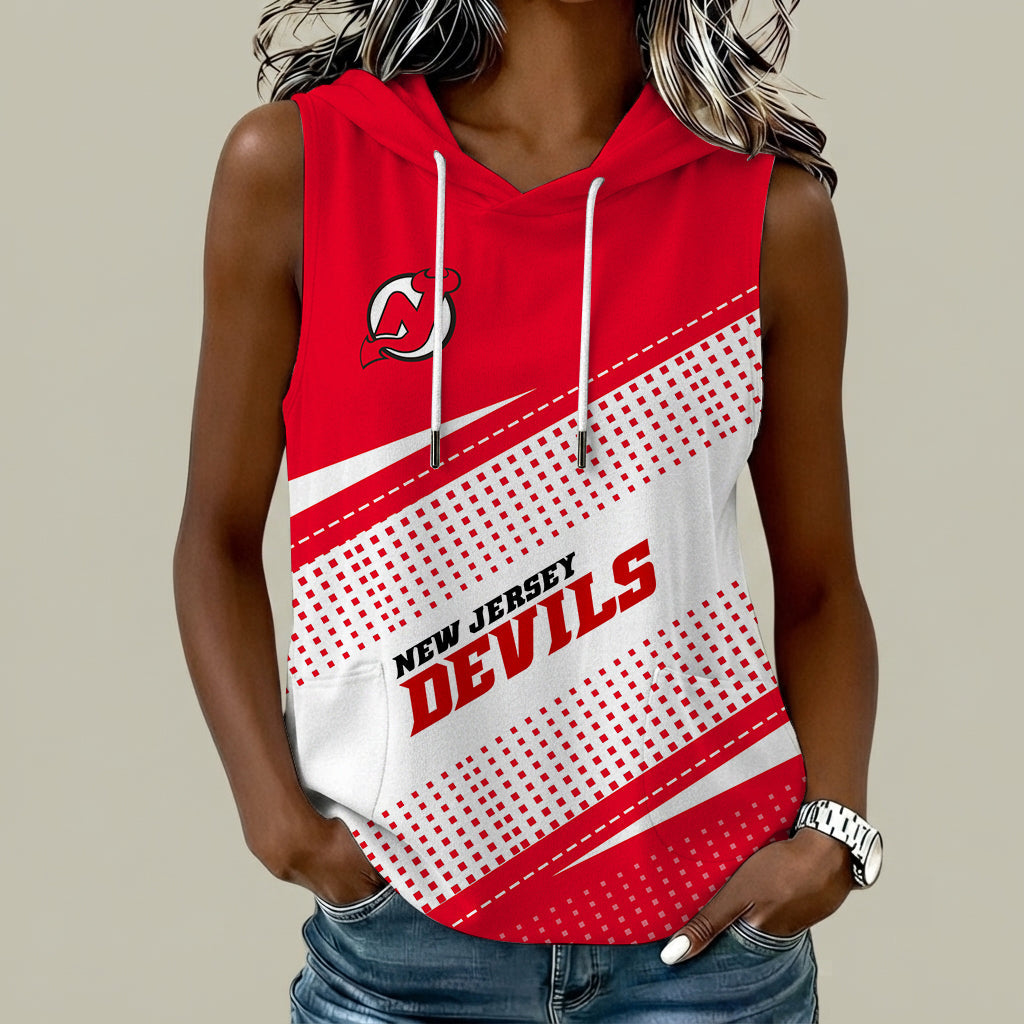 [SUPER SALE] NEW CUSTOMIZED NHL06 NJD NEW JERSEY DEVILS WOMEN'S SLEEVELESS HOODED POCKET TANK TOP