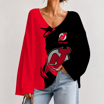 [SUPER SALE] NEW CUSTOMIZED NHL06 NJD NEW JERSEY DEVILS V-NECK LONG SLEEVED CROP TOP