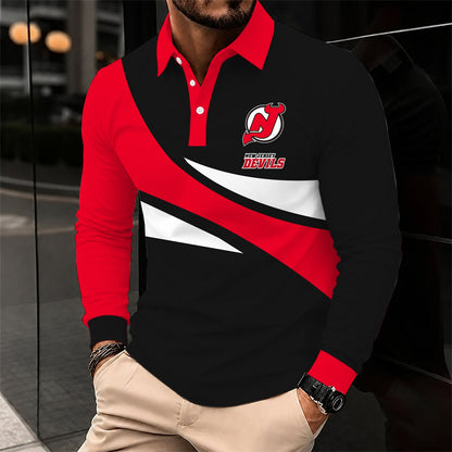 [SUPER SALE] NEW CUSTOMIZED NHL06 NJD NEW JERSEY DEVILS MEN LONG SLEEVE POLO