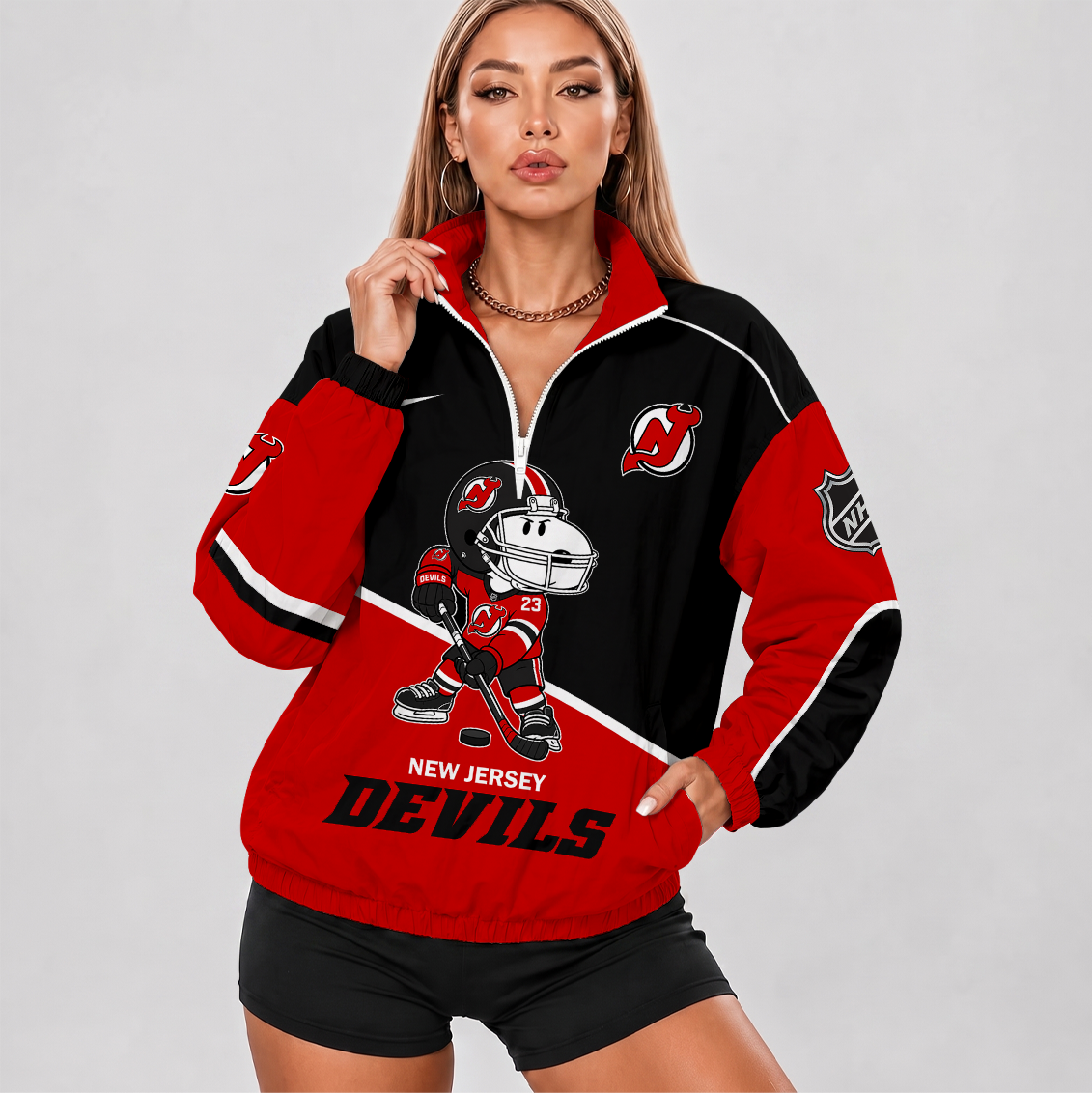 [SUPER SALE] NEW CUSTOMIZED NHL06 NJD NEW JERSEY DEVILS V-NECK ZIPPER SWEATSHIRT JACKET