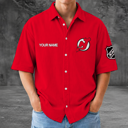 [SUPER SALE] NEW CUSTOMIZED NHL06 NJD NEW JERSEY DEVILS SEERSUCKER BUTTON SHIRT