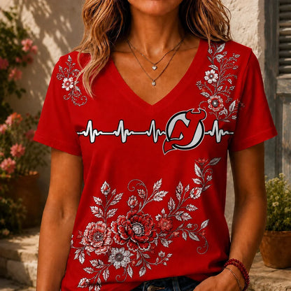 [SUPER SALE] NEW CUSTOMIZED NHL06 NJD NEW JERSEY DEVILS V-NECK FEMALE SHIRT