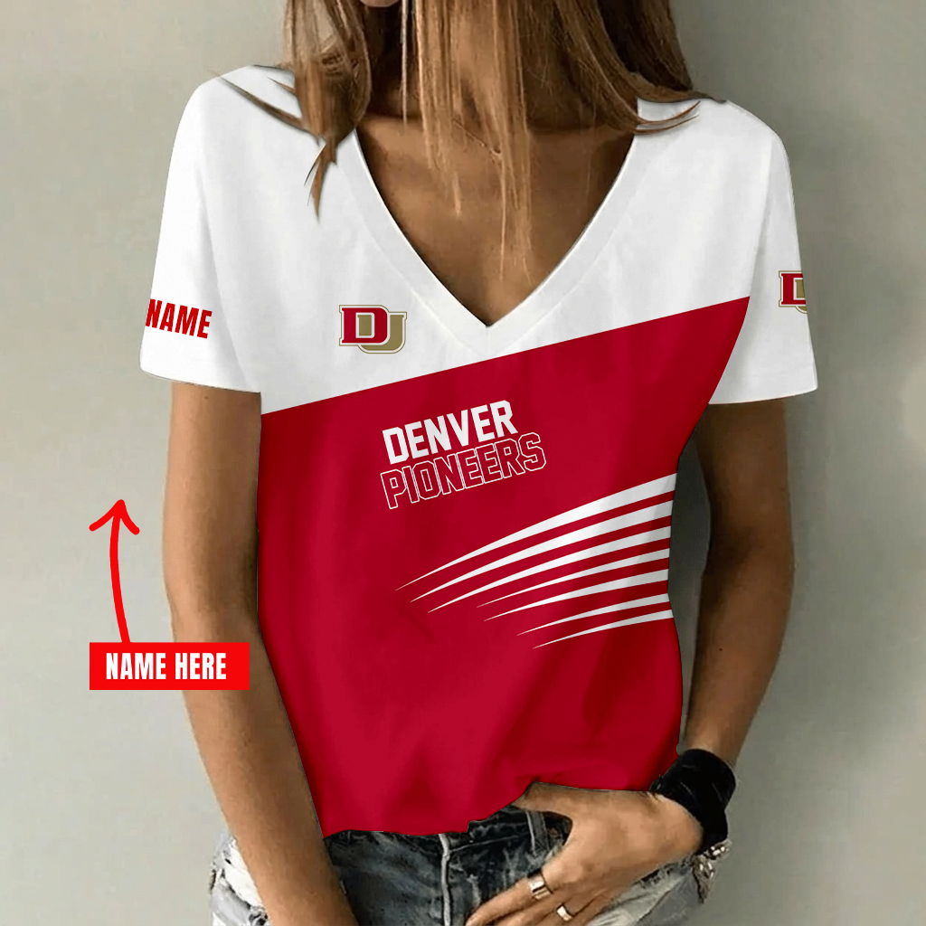 [FAN FAVORITE] NEW CUSTOMIZED NCAA MFF07 DEP DENVER PIONEERS V-NECK FEMALE SHIRT