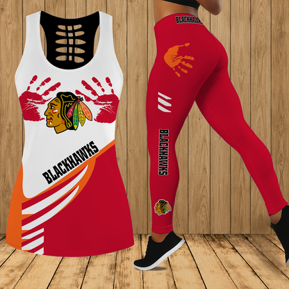 [SUPER SALE] NEW CUSTOMIZED NHL08 CBH CHICAGO BLACKHAWKS HOLLOW TANK TOP & LEGGINGS SET