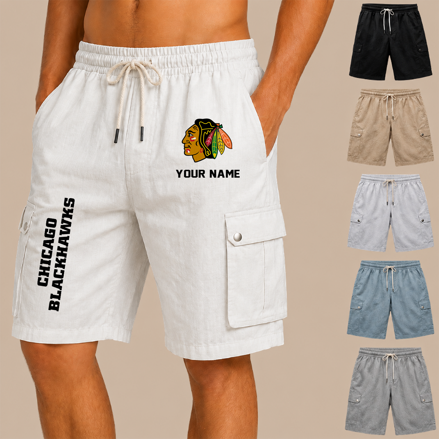 [SUPER SALE] NEW CUSTOMIZED NHL08 CBH CHICAGO BLACKHAWKS MEN'S DRAWSTRING CARGO SHORTS