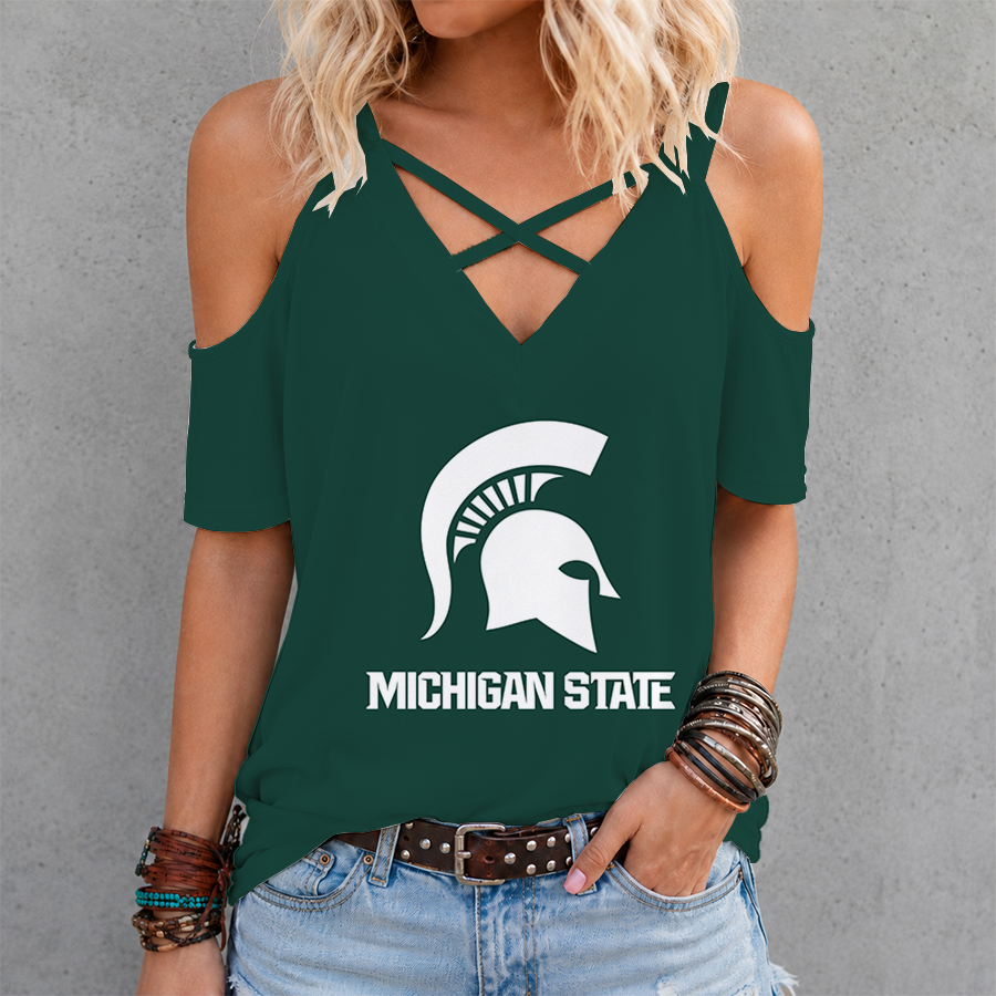 [FAN FAVORITE] NEW CUSTOMIZED NCAA MFF08 MSS MICHIGAN STATE SPARTANS CRISS CROSS V-NECK TOP