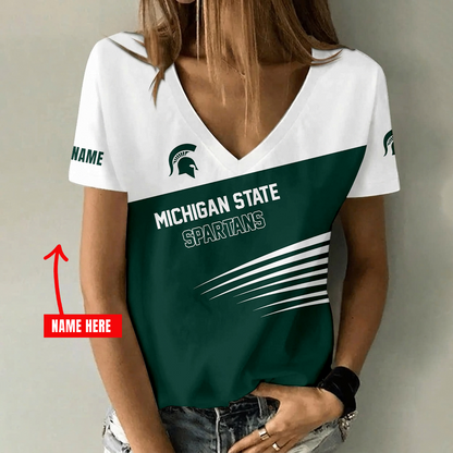 [FAN FAVORITE] NEW CUSTOMIZED NCAA MFF08 MSS MICHIGAN STATE SPARTANS V-NECK FEMALE SHIRT