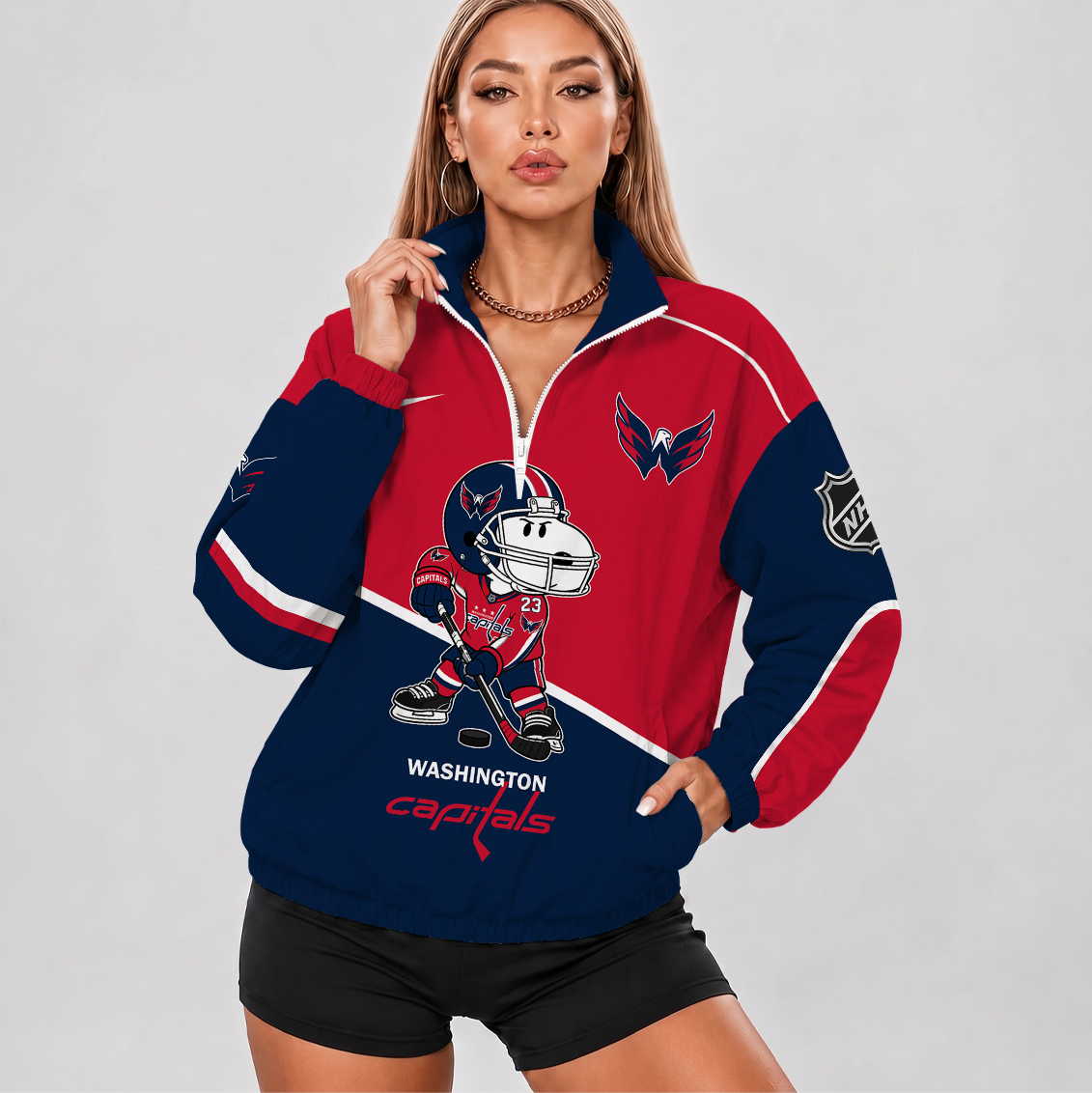 [SUPER SALE] NEW CUSTOMIZED NHL10 WCP WASHINGTON CAPITALS V-NECK ZIPPER SWEATSHIRT JACKET