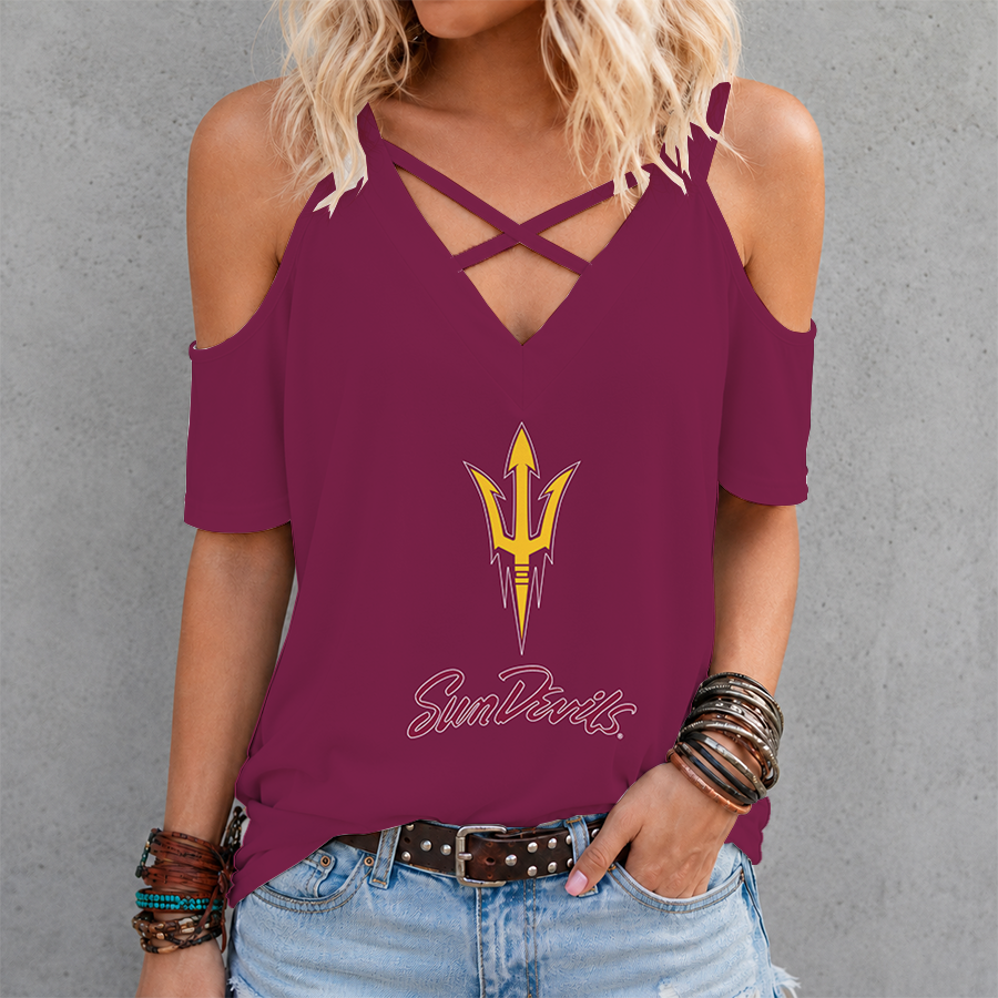 [FAN FAVORITE] NEW CUSTOMIZED NCAA MFF11 ASS ARIZONA STATE SUN DEVILS CRISS CROSS V-NECK TOP