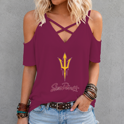 [FAN FAVORITE] NEW CUSTOMIZED NCAA MFF11 ASS ARIZONA STATE SUN DEVILS CRISS CROSS V-NECK TOP