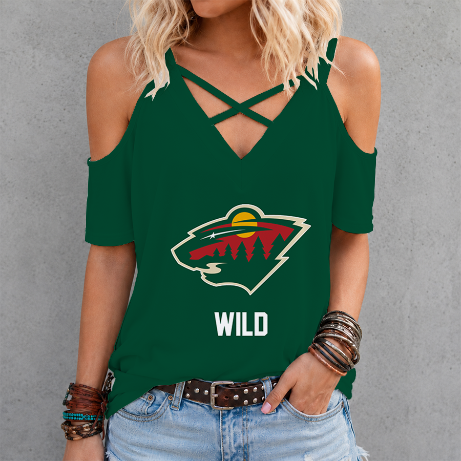 [SUPER SALE] NEW CUSTOMIZED NHL13 MNW MINNESOTA WILD CRISS CROSS V-NECK TOP