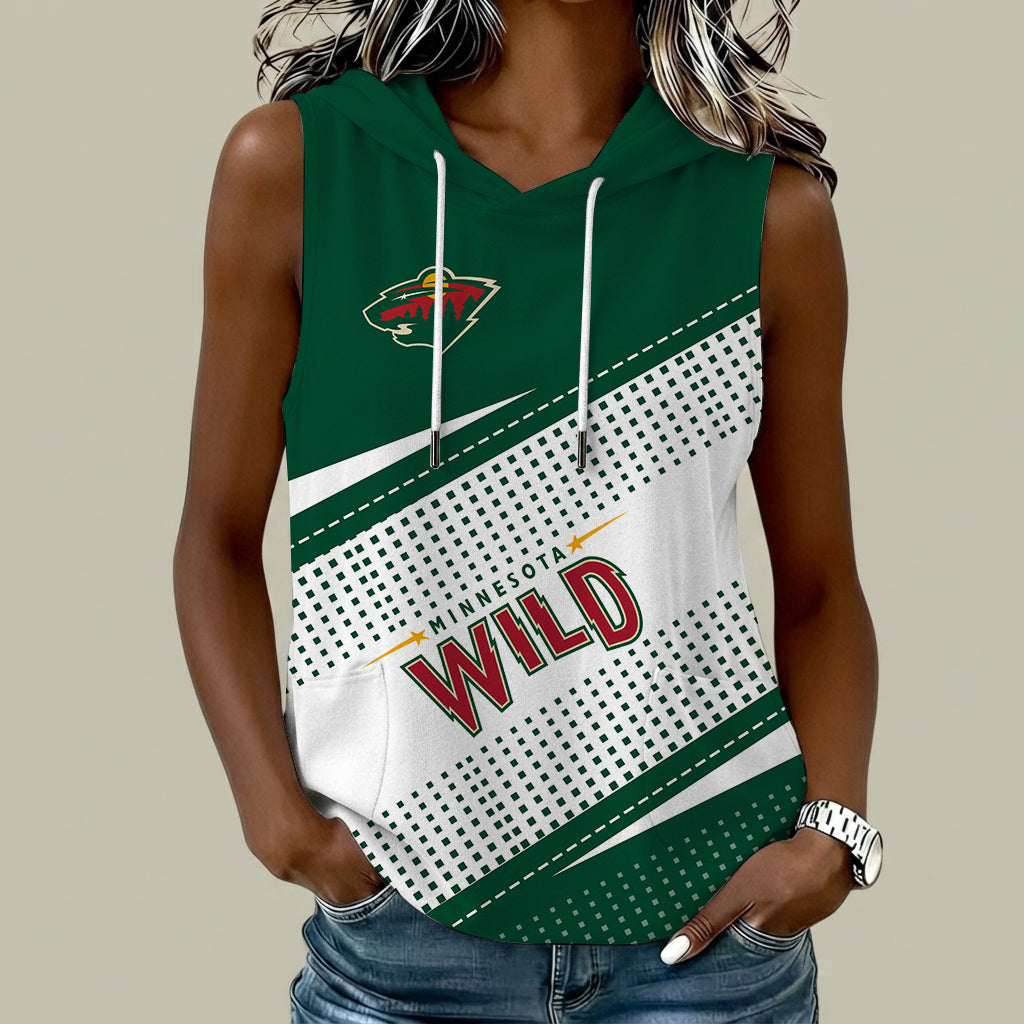 [SUPER SALE] NEW CUSTOMIZED NHL13 MNW MINNESOTA WILD WOMEN'S SLEEVELESS HOODED POCKET TANK TOP