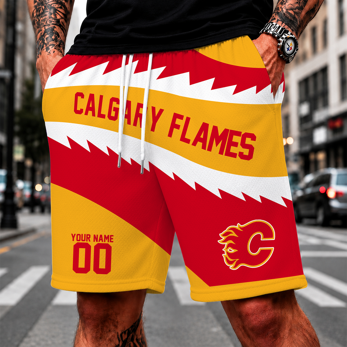 [SUPER SALE] NEW CUSTOMIZED NHL17 CGF CALGARY FLAMES SHORT PANTS