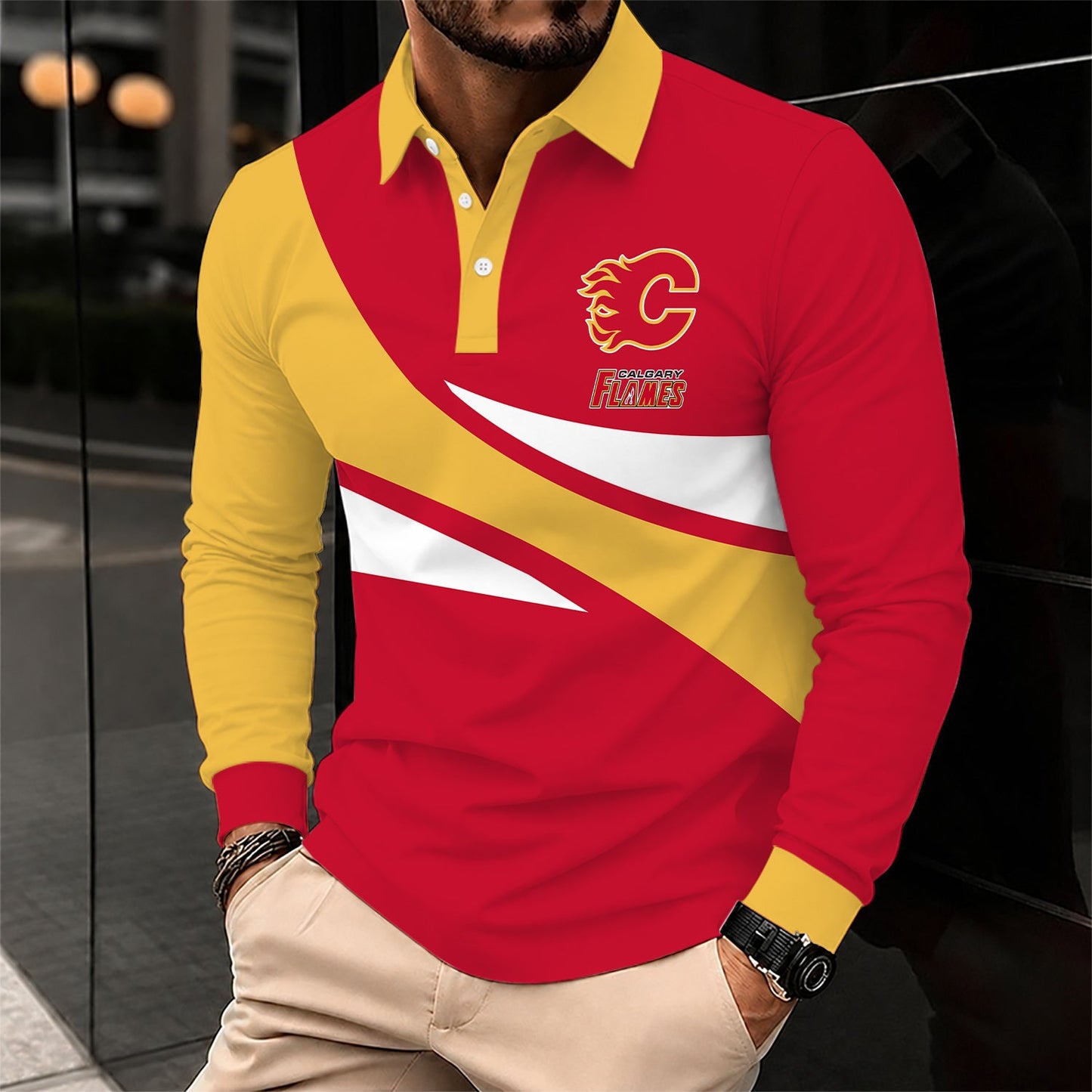 [SUPER SALE] NEW CUSTOMIZED NHL17 CGF CALGARY FLAMES MEN LONG SLEEVE POLO