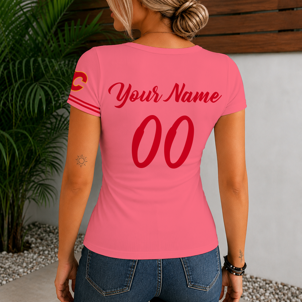 [SUPER SALE] NEW CUSTOMIZED NHL17 CGF CALGARY FLAMES WOMEN'S SHORT SLEEVE HENLEY T-SHIRT