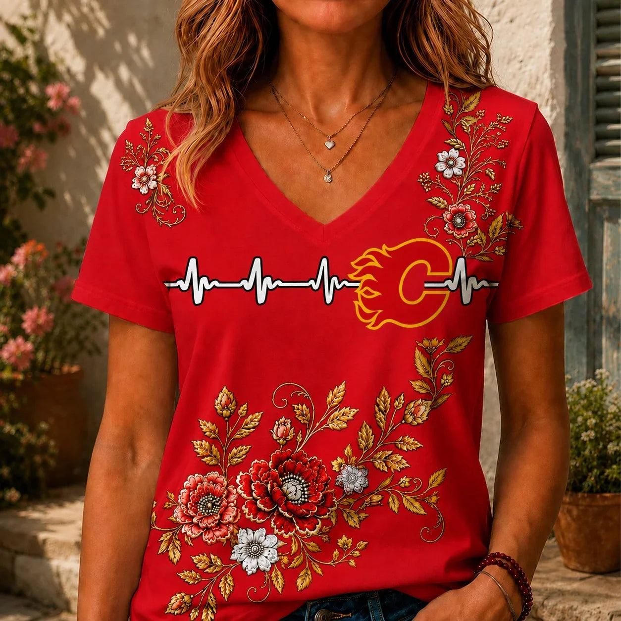 [SUPER SALE] NEW CUSTOMIZED NHL17 CGF CALGARY FLAMES V-NECK FEMALE SHIRT
