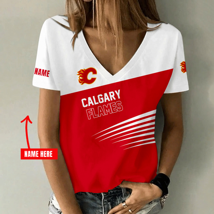 [SUPER SALE] NEW CUSTOMIZED NHL17 CGF CALGARY FLAMES V-NECK FEMALE SHIRT