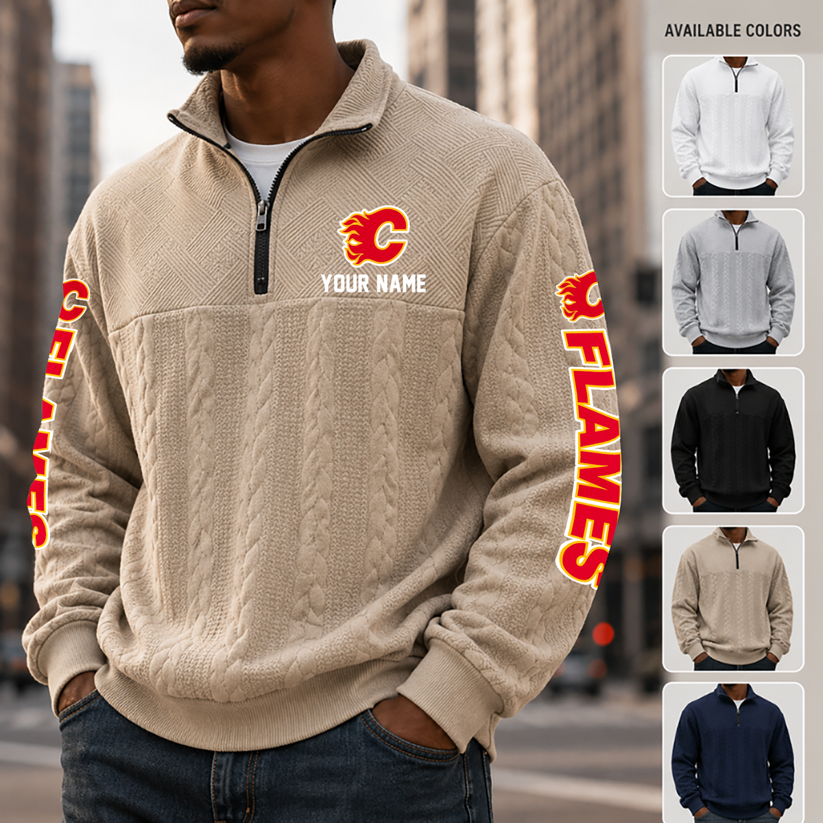 [SUPER SALE] NEW CUSTOMIZED NHL17 CGF CALGARY FLAMES MULTICOLOR QUARTER-ZIP SWEATSHIRT