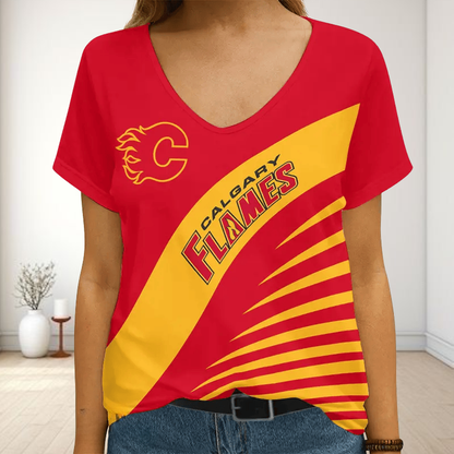 [SUPER SALE] NEW CUSTOMIZED NHL17 CGF CALGARY FLAMES V-NECK FEMALE SHIRT