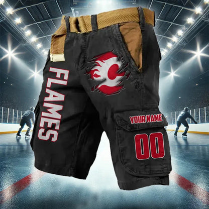 [SUPER SALE] NEW CUSTOMIZED NHL17 CGF CALGARY FLAMES CARGO SHORTS