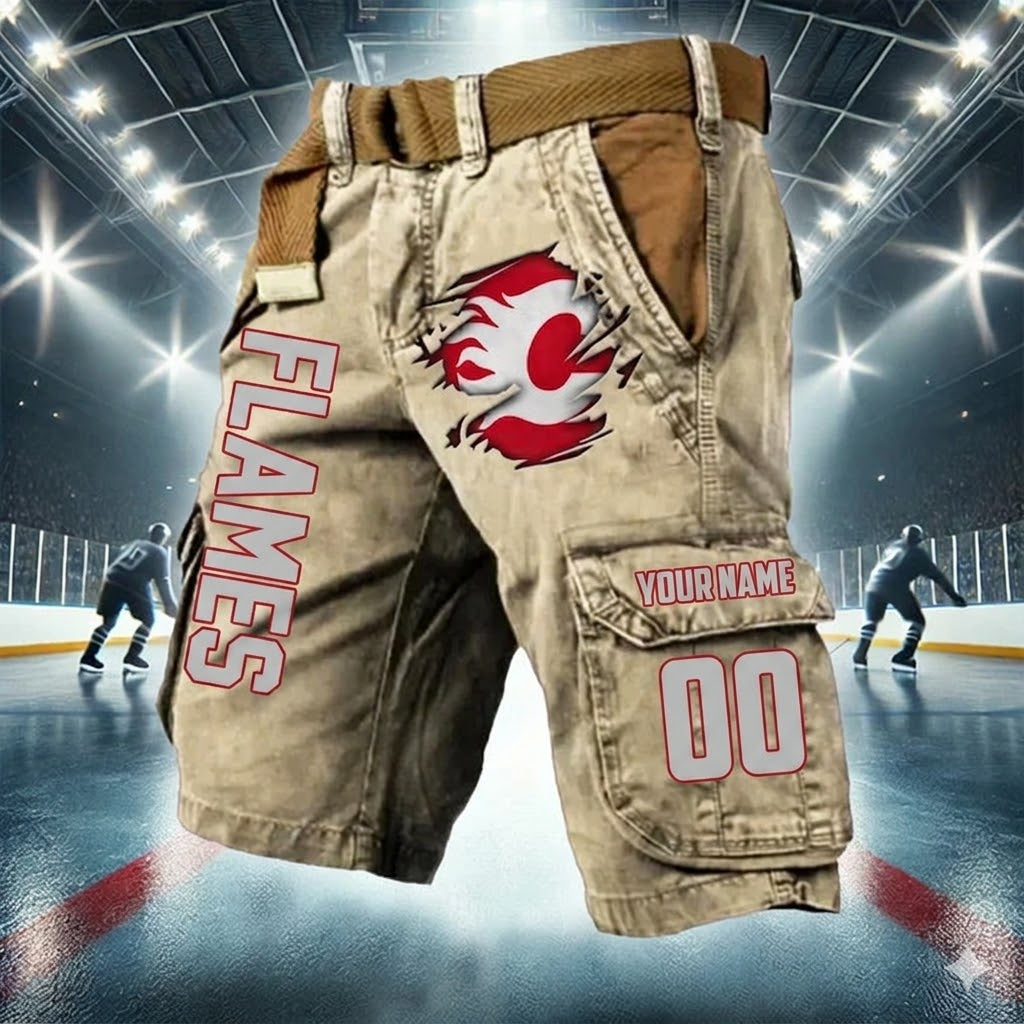 [SUPER SALE] NEW CUSTOMIZED NHL17 CGF CALGARY FLAMES CARGO SHORTS
