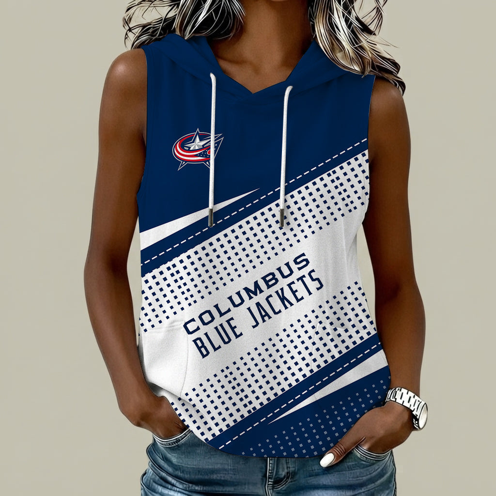 [SUPER SALE] NEW CUSTOMIZED NHL18 CBJ COLUMBUS BLUE JACKETS WOMEN'S SLEEVELESS HOODED POCKET TANK TOP