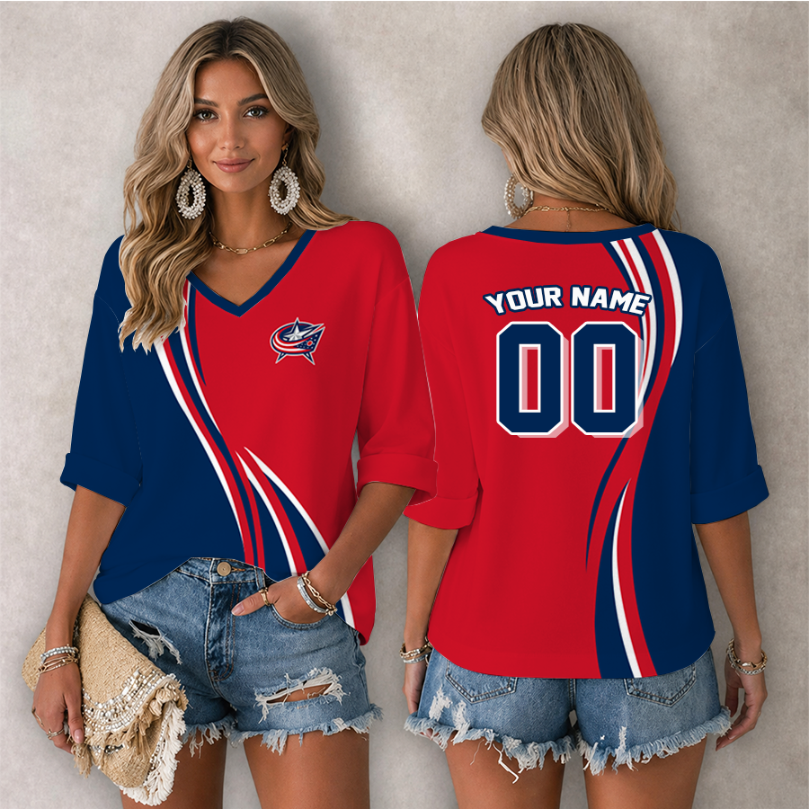 [SUPER SALE] NEW CUSTOMIZED NHL18 CBJ COLUMBUS BLUE JACKETS WOMEN'S HEART V-NECK LONG SLEEVE SHIRT