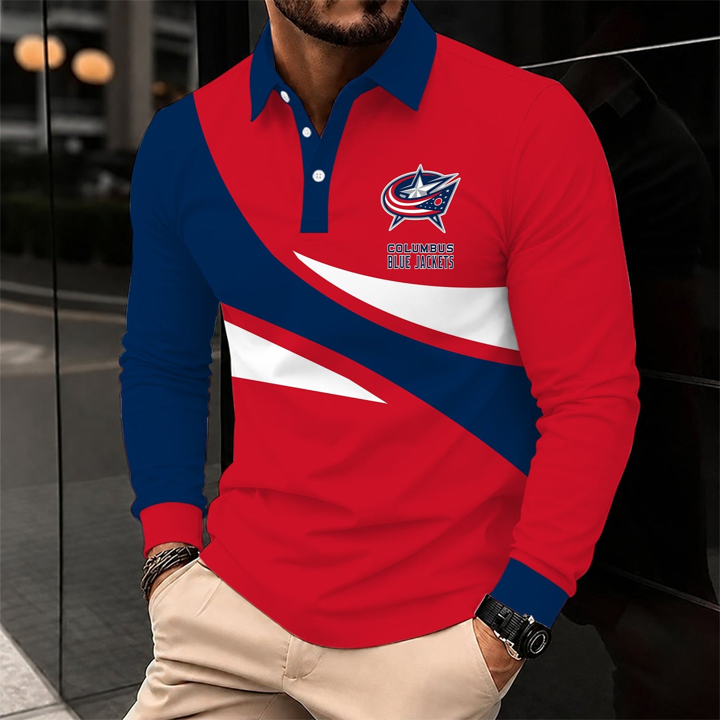 [SUPER SALE] NEW CUSTOMIZED NHL18 CBJ COLUMBUS BLUE JACKETS MEN LONG SLEEVE POLO