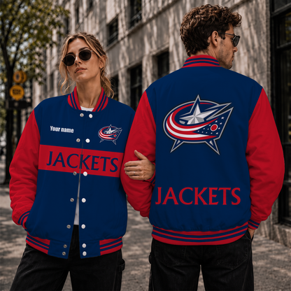 [SUPER SALE] NEW CUSTOMIZED NHL18 CBJ COLUMBUS BLUE JACKETS SATIN VARSITY JACKET & BASEBALL JACKET