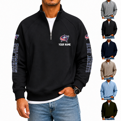 [SUPER SALE] NEW CUSTOMIZED NHL18 CBJ COLUMBUS BLUE JACKETS MEN'S QUARTER ZIP PULLOVER