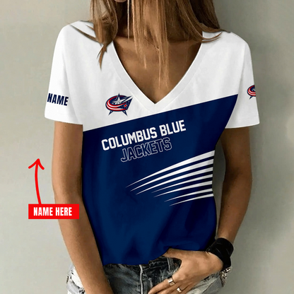 [SUPER SALE] NEW CUSTOMIZED NHL18 CBJ COLUMBUS BLUE JACKETS V-NECK FEMALE SHIRT