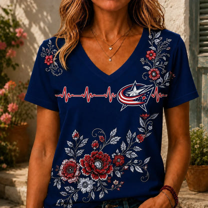 [SUPER SALE] NEW CUSTOMIZED NHL18 CBJ COLUMBUS BLUE JACKETS V-NECK FEMALE SHIRT