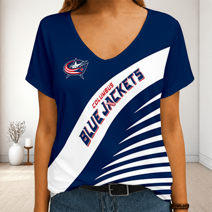 [SUPER SALE] NEW CUSTOMIZED NHL18 CBJ COLUMBUS BLUE JACKETS V-NECK FEMALE SHIRT