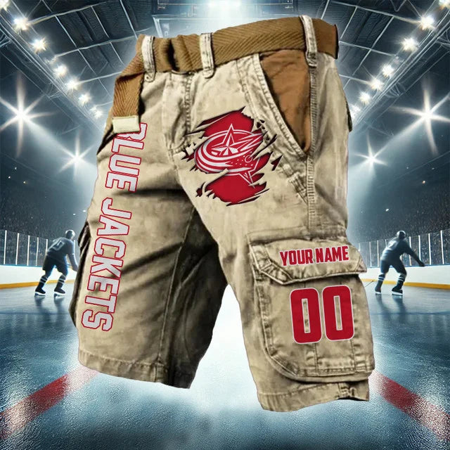 [SUPER SALE] NEW CUSTOMIZED NHL18 CBJ COLUMBUS BLUE JACKETS CARGO SHORTS