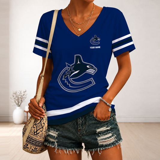 [SUPER SALE] NEW CUSTOMIZED NHL19 VANCOUVER CANUCKS V-NECK FEMALE SHIRT