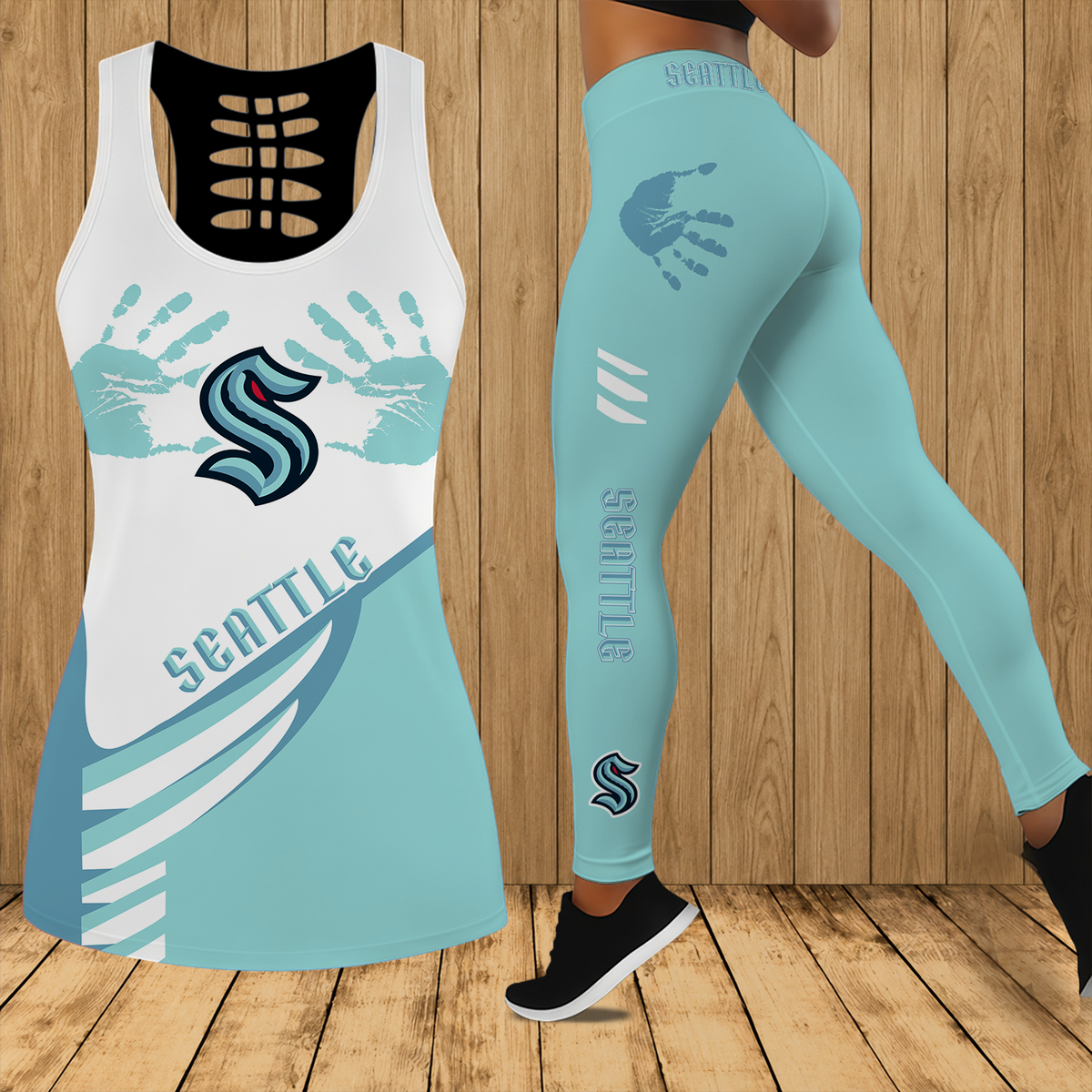 [SUPER SALE] NEW CUSTOMIZED NHL20 STK SEATTLE KRAKEN HOLLOW TANK TOP & LEGGINGS SET
