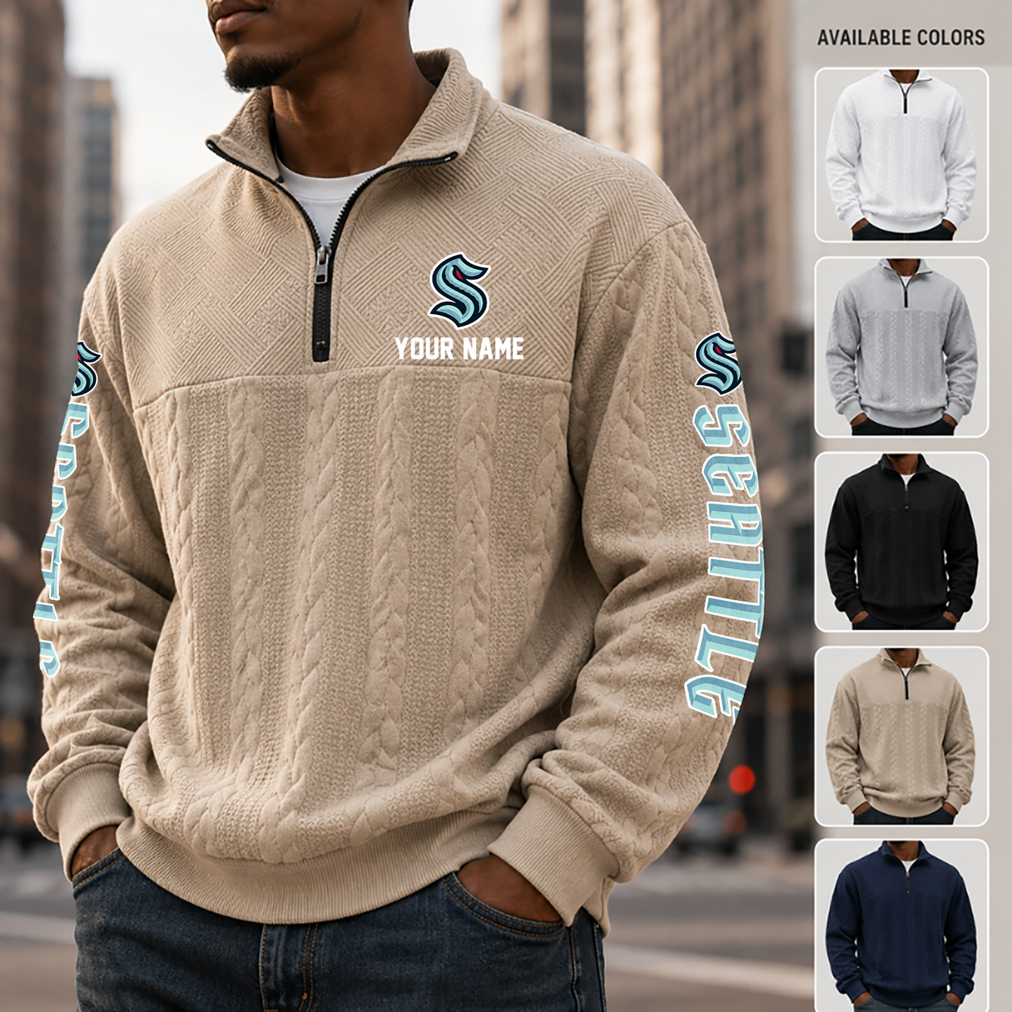 [SUPER SALE] NEW CUSTOMIZED NHL20 STK SEATTLE KRAKEN MULTICOLOR QUARTER-ZIP SWEATSHIRT