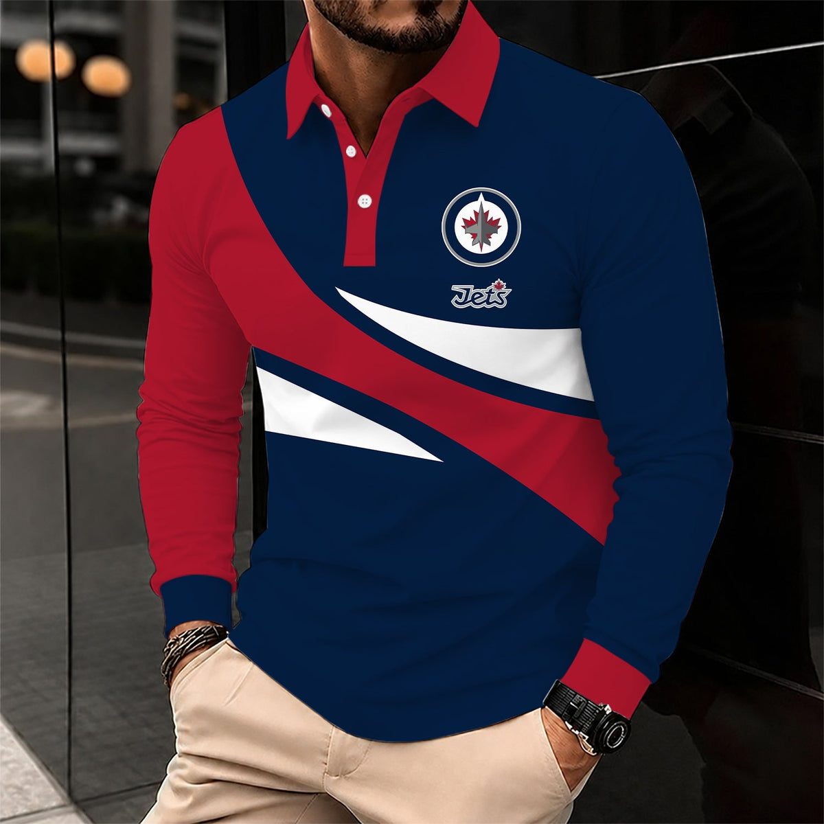 [SUPER SALE] NEW CUSTOMIZED NHL21 WPJ WINNIPEG JETS MEN LONG SLEEVE POLO