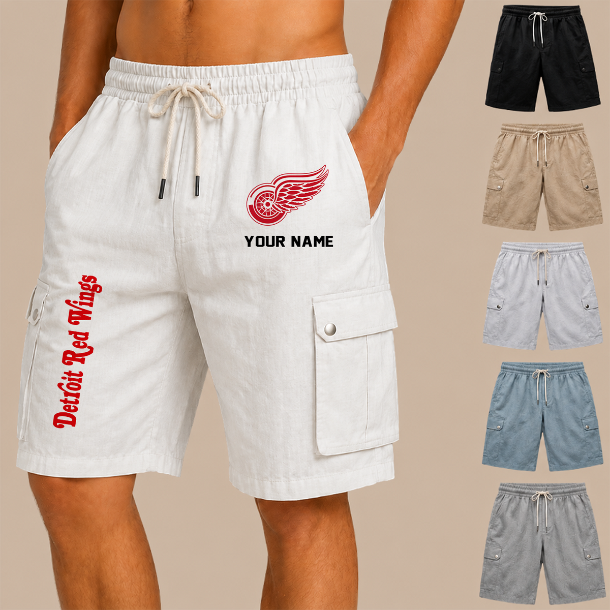 [SUPER SALE] NEW CUSTOMIZED NHL22 DRW DETROIT RED WINGS MEN'S DRAWSTRING CARGO SHORTS