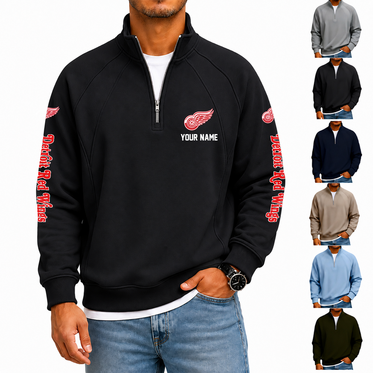 [SUPER SALE] NEW CUSTOMIZED NHL22 DRW DETROIT RED WINGS MEN'S QUARTER ZIP PULLOVER
