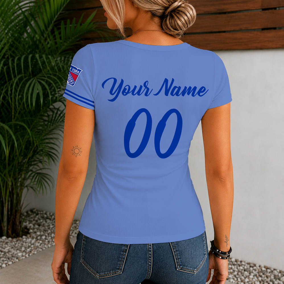 [SUPER SALE] NEW CUSTOMIZED NHL24 NYR NEW YORK RANGERS WOMEN'S SHORT SLEEVE HENLEY T-SHIRT