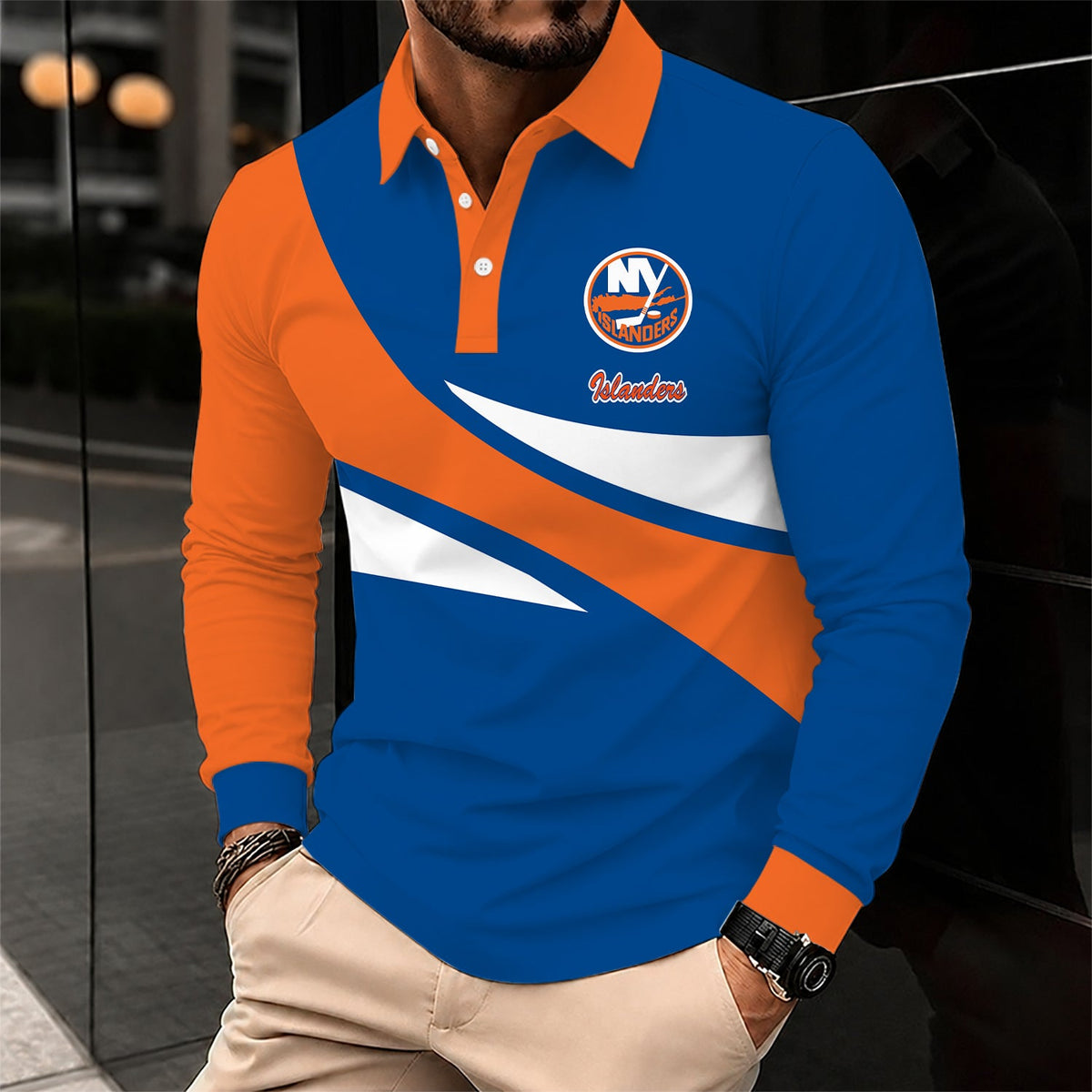 [SUPER SALE] NEW CUSTOMIZED NHL25 NYI NEW YORK ISLANDERS MEN LONG SLEEVE POLO